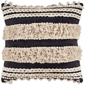 Adela Charcoal Striped Tassels Polyester 18 in. x 18 in. Throw Pillow