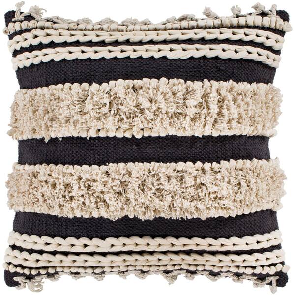 Livabliss Adela Charcoal Striped Tassels Polyester 18 in. x 18 in. Throw Pillow