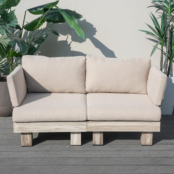 Gustave 54.3 in. W x 28.9 in. D x 25.7 in. H Aluminum Outdoor Wood Grain Loveseat with Beige Cushions
