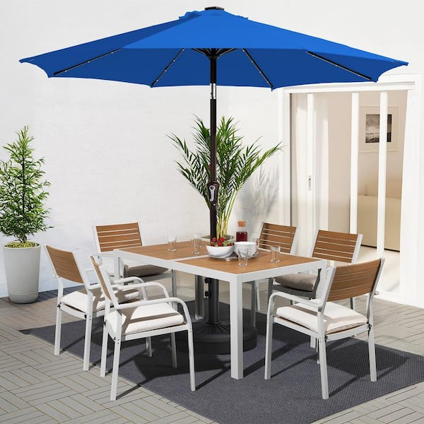 9 ft. Market Solar LED Lighted Tilt Patio Umbrella Outdoor Steel Umbrella in Blue