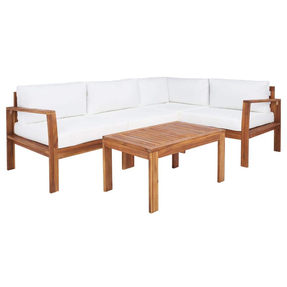 4-Person Natural Wood Outdoor Living Set with Beige Cushions