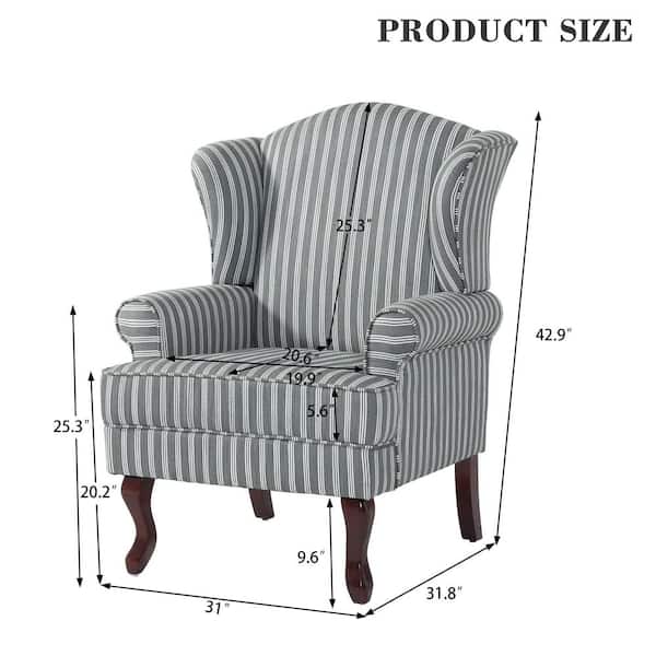 Uixe Stripe Gray Linen Wood Legs Upholstered Accent Arm Chair with