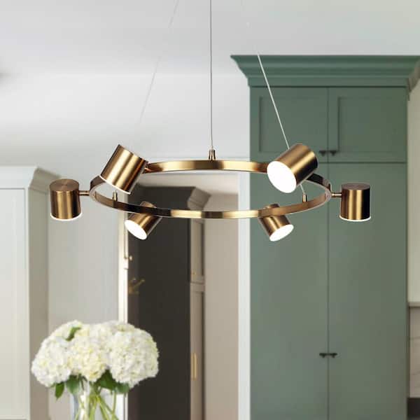 Modern 6-Light Brass Gold Integrated LED Chandelier, Adjustable Farmhouse Pendant Light for Kitchen Island, Living Room