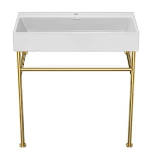 30 in. Bathroom Ceramic Console Sink with Overflow and Gold Stainless Steel Legs