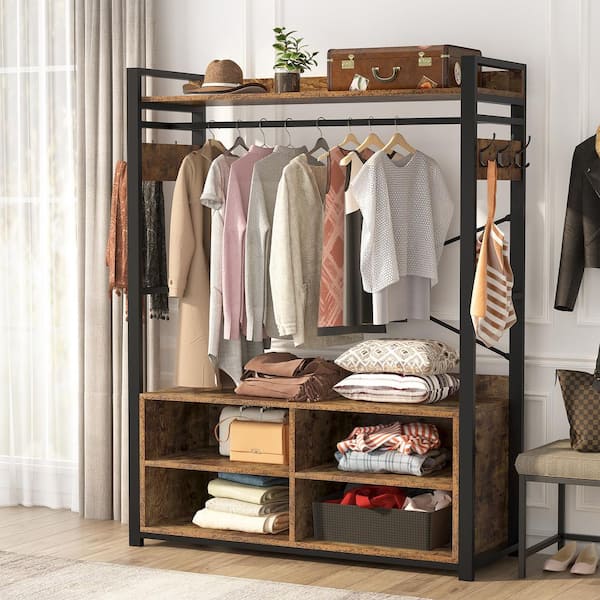 FUFU&GAGA Black and Brown Freestanding Metal Coat Rack Clothes Rack Closet  Organizer with Hanging Rods and Open Shelf, Drawers KF020382-02 - The Home  Depot