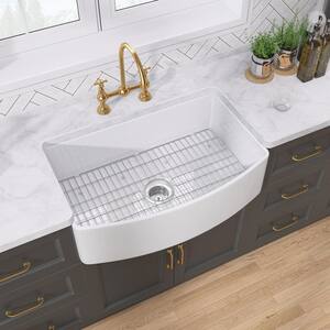 30 in. Curve Apron-Front Single Bowl Fireclay Farmhouse Kitchen Sink Gloss white With Bottom Grid and Strainer