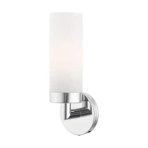 Aspen 11.75 in. 1-Light Polished Chrome ADA Wall Sconce with Satin Opal White Glass