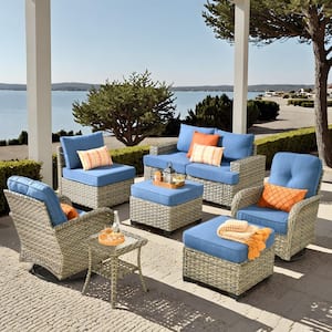 Kelleys 8-Piece Wicker Modern Outdoor Patio Conversation Sofa Set with Swivel Chairs and Sky-Blue Cushions