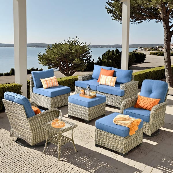 HOOOWOOO Kelleys 8-Piece Wicker Modern Outdoor Patio Conversation Sofa Set with Swivel Chairs and Sky-Blue Cushions