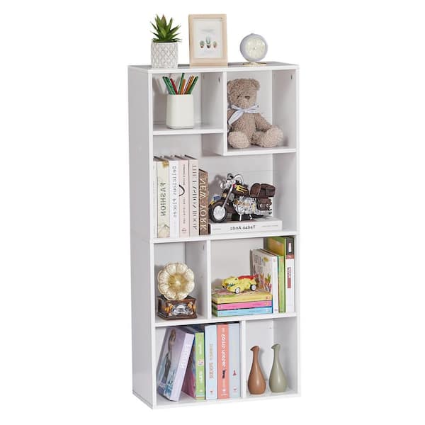 VECELO Bookshelf, Bookcase with 7 Open Adjustable Storage Cubes, Floor Standing Unit, Side Table Bookcase, White