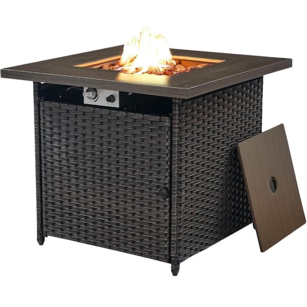 30 in. 50000 BTU Square Brown Wicker Outdoor Gas Fire Pit Table with Volcanic Stone Outdoor CSA Fire Table for Porch