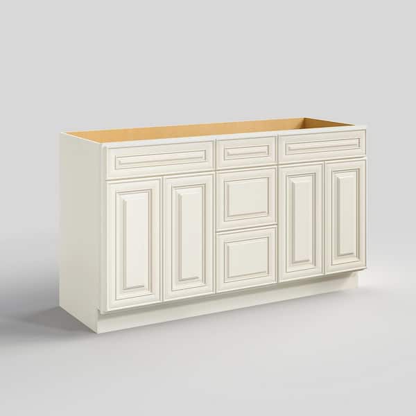 Unbranded 60 in. W x 21 in. D x 34.5 in. H in Cameo White Plywood Ready to Assemble Floor Vanity Sink Base Kitchen Cabinet