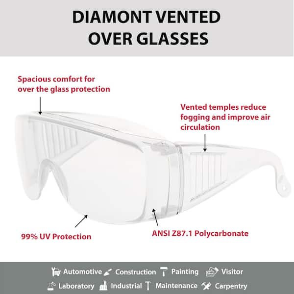 Clear Diamont Vented Over Clear Safety Glasses, Anti-Scratch (36-Pairs)