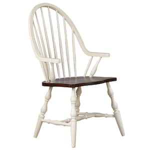 Andrews Antique White and Chestnut Brown Solid Wood Dining Arm Chair
