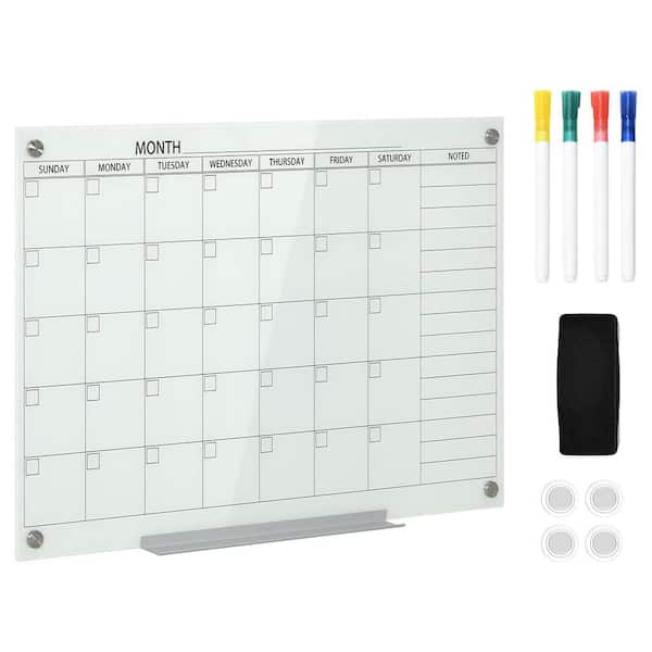 35 in. x 23 in. Dry Erase Calendar Board for Wall, Glass Whiteboard Monthly Planner with 4-Markers, 1-Eraser, Frameless
