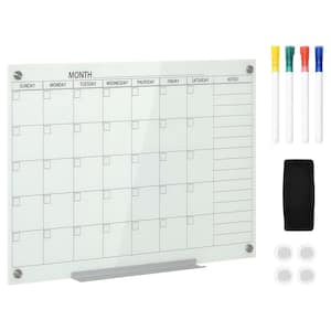35 in. x 23 in. Dry Erase Calendar Board for Wall, Glass Whiteboard Monthly Planner with 4 Markers, 1 Eraser, Frameless