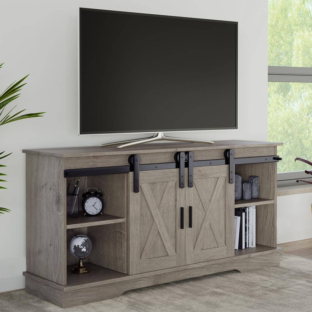Gray Woodgrain 65-inch TV Stand with Cabinets and Metal Hardware