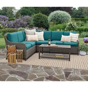 Mitchell 5-Pieces Wicker Outdoor Sectional Set with Peacock Cushions