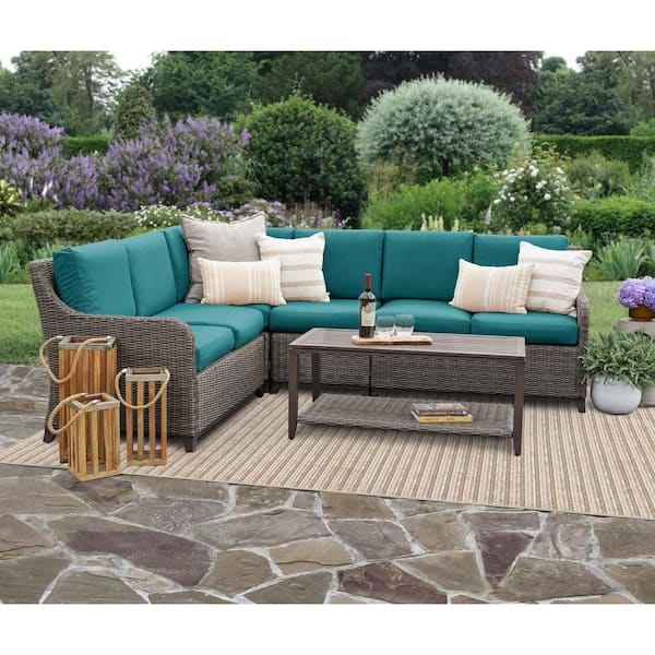 Leisure Made Mitchell 5-Pieces Wicker Outdoor Sectional Set with Peacock Cushions