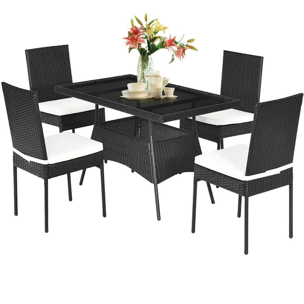 5-Piece Metal Wicker Rectangle 29 in. Outdoor Dining Set with White Cushions price history on PriceWatchPro