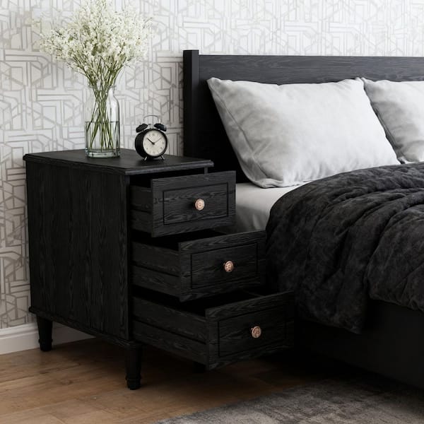 Fnova 25 in. H Solid Wood Black Rectangle End Table with 3 Drawers