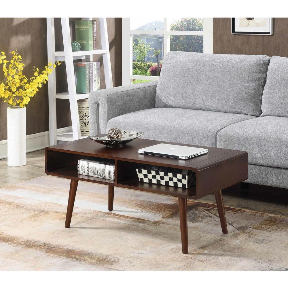 Mid-Century Modern Espresso Rectangular Coffee Table with Open Cubbies