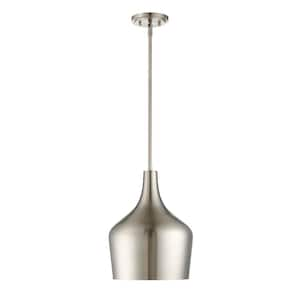 Meridian 10.5 in. W x 14 in. H 1-Light Brushed Nickel Pendant with Contemporary Metal Shade