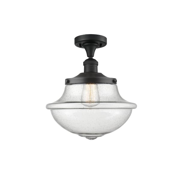 Innovations Franklin Restoration Small Oxford 11.75 in. 1-Light Matte Black Semi-Flush Mount with Seedy Glass Shade
