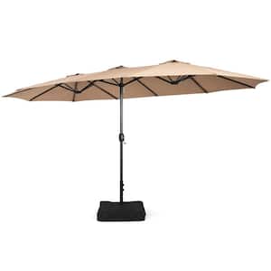 15 ft. Double-Sided Twin Metal Market Patio Umbrella W/Crank & Base in Coffee