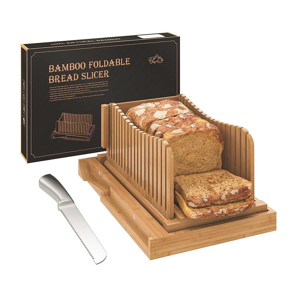 Adjustable Bamboo Bread Slicer Set with Serrated Knife, 3 Slice Thicknesses