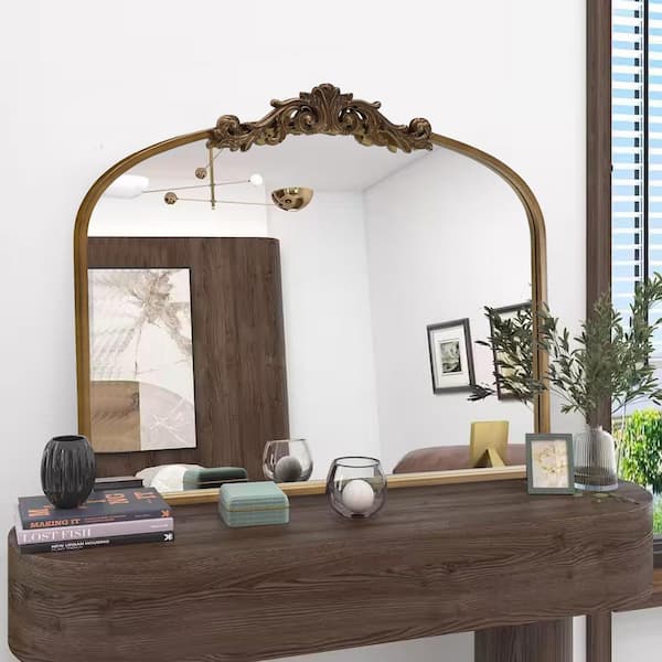 Sxiawe 35.8 in. W x 29.1 in. H Ornate Baroque Antique Brass Vintage Stainless Metal Frame Arched Wall Mirror