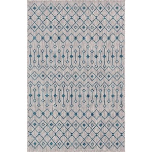 Gray/Teal Tribal Trellis Outdoor 6 ft. x 9 ft. Area Rug