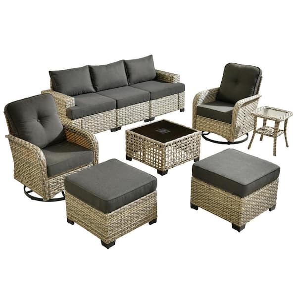 Kelleys 9-Piece Wicker Modern Outdoor Patio Conversation Sofa Set with Swivel Chairs and Black Cushions