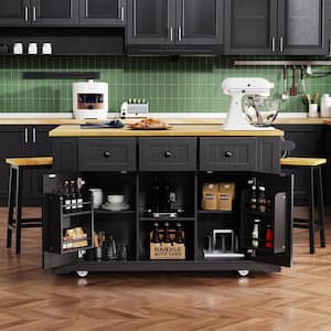 Oasis Black Wood 53 in. Kitchen Island with Drop Leaf, Power Outlet, Door Internal Storage Rack, Kitchen Storage Cart