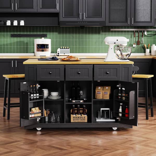 Xspracer Oasis Black Wood 53 in. Kitchen Island with Drop Leaf, Power Outlet, Door Internal Storage Rack, Kitchen Storage Cart