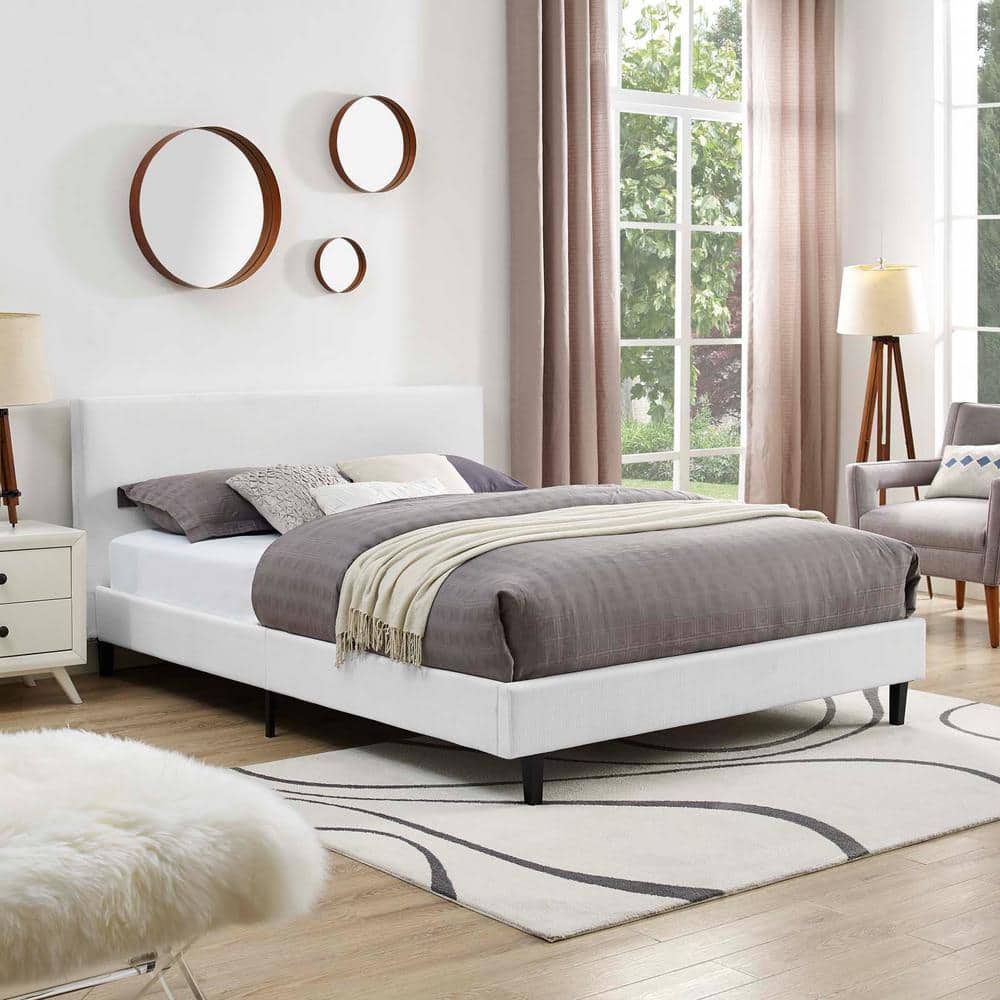 Anya White Full Upholstered Platform Bed with Wood Slat Support