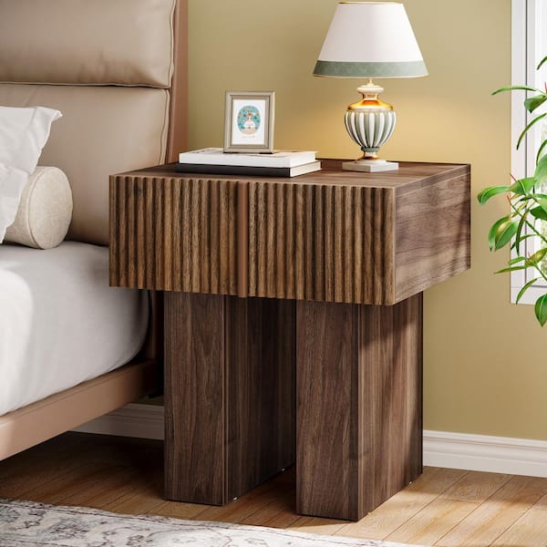 21.65 in. W Brown 1 Drawer Nightstand, Modern Fluted Bedside Table Side End Table for Bedroom, Living Room