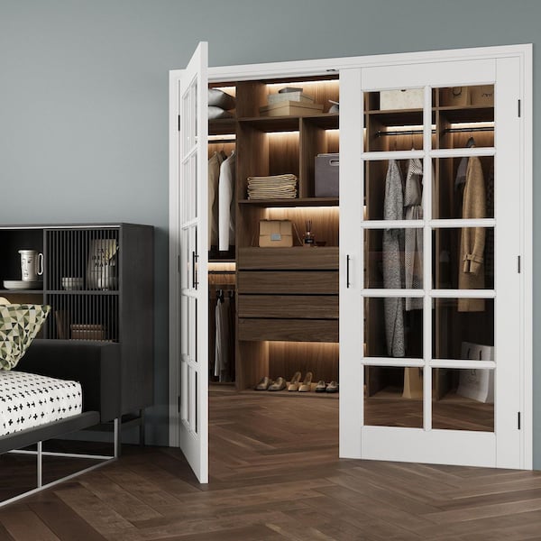 72 x 80 in. 10-Lite Clear Glass Universal White Solid Core Wood Double Prehung French Door + Separate Jamb & Ball Catch