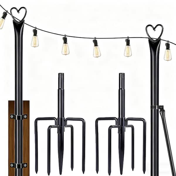 2-Pack Black Steel 10 ft. String Light Poles with 5 Fork, Light Stands for Outdoor Use, Ideal for Garden, Patio, Wedding