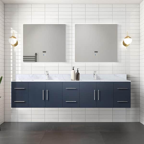 Lexora Geneva 84 in. W x 22 in. D Navy Blue Double Bath Vanity, Carrara Marble Top, Faucet Set and 36 in. LED Mirrors