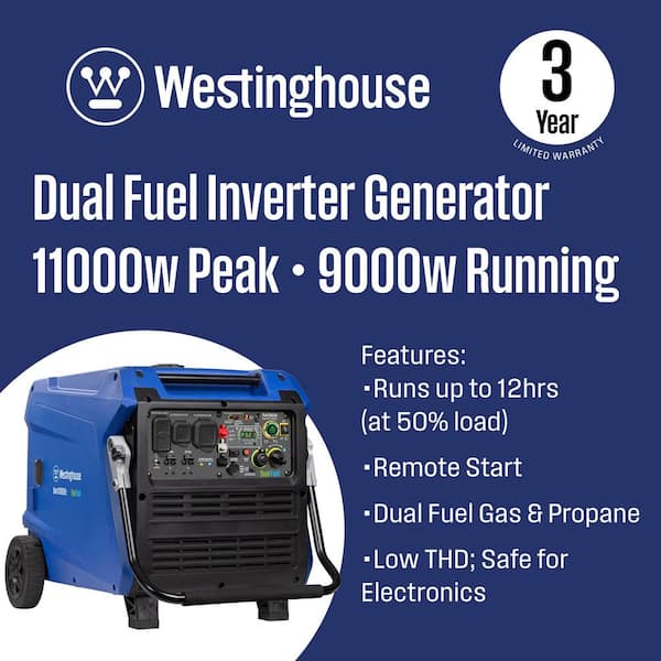 11,000-Watt Electric Start Gasoline and Propane Inverter Generator with CO Sensor, Dual Fuel