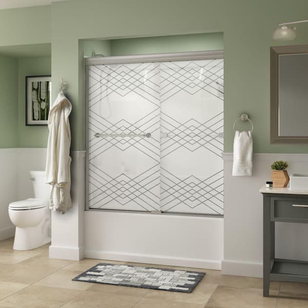 Delta Mandara 60 in. x 58-1/8 in. Semi-Frameless Traditional Sliding Bathtub Door in Nickel with Argyle Glass