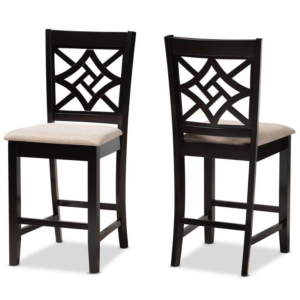 Nicolette Sand and Dark Brown Wood Counter Stool Set with Intricate Backrest Design