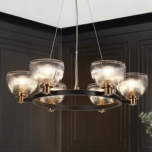 Modern 30.9 in. 6-Light Black and Brass Chandelier Wagon Wheel Ceiling Light with Bowl Glass Shades for Large Spaces