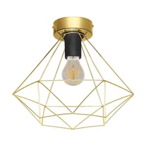 Tarbes 12.8 in. W x 9.4 in. H 1-Light Brushed Brass Flush Mount with Metal Geometric Open Frame