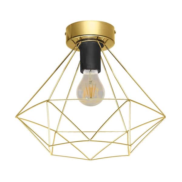 Eglo Tarbes 12.8 in. W x 9.4 in. H 1-Light Brushed Brass Flush Mount with Metal Geometric Open Frame