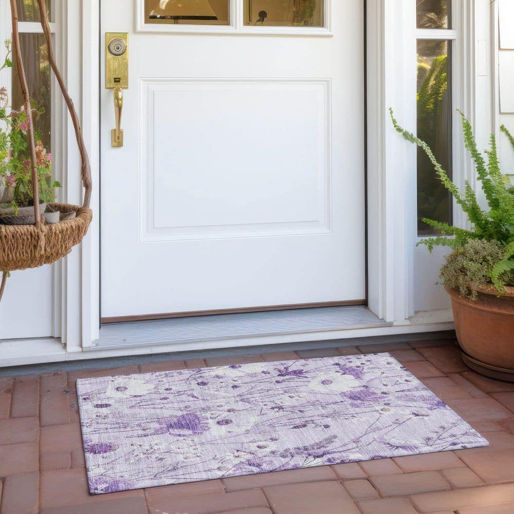 Lavender Floral Synthetic Washable Rectangular Rug 30" x 20"