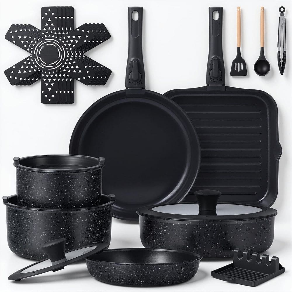 Numhew 21-Piece Black Non Stick Ceramic Cookware Set with