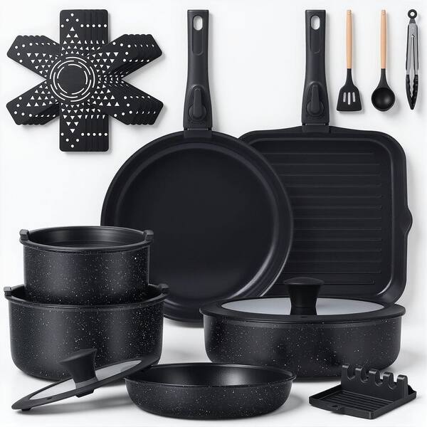 21-Piece Black Non Stick Ceramic Cookware Set with Detachable Handle and Grill Pan, Oven and Dishwasher Safe