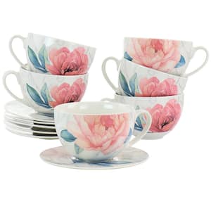 18 oz. White Ceramic Flora Cup and Saucer (Set of 6)